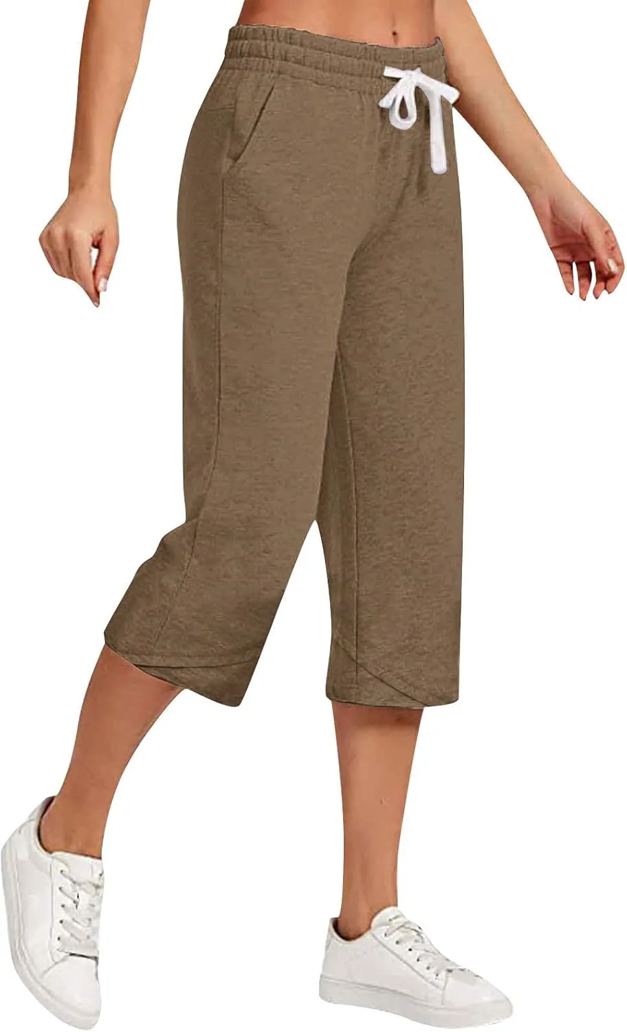 Women's Cotton Linen Drawstring Pant Solid High Elastic Capris Trouser Stretch Cropped Summer Casual Sweatpant