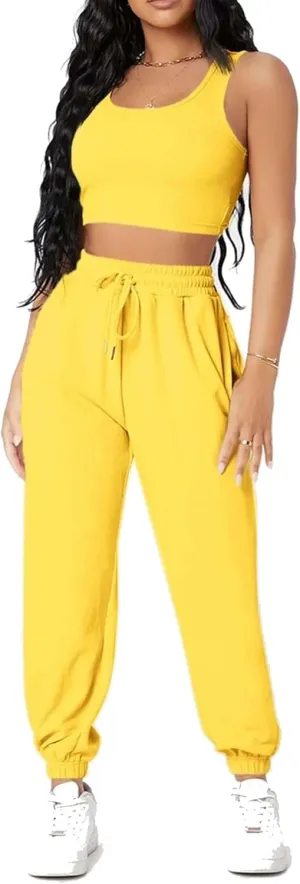 Women's Crop Top and Jogger Pants Activewear Set, Scoop Neck Tank Top, Drawstring Sweatpants