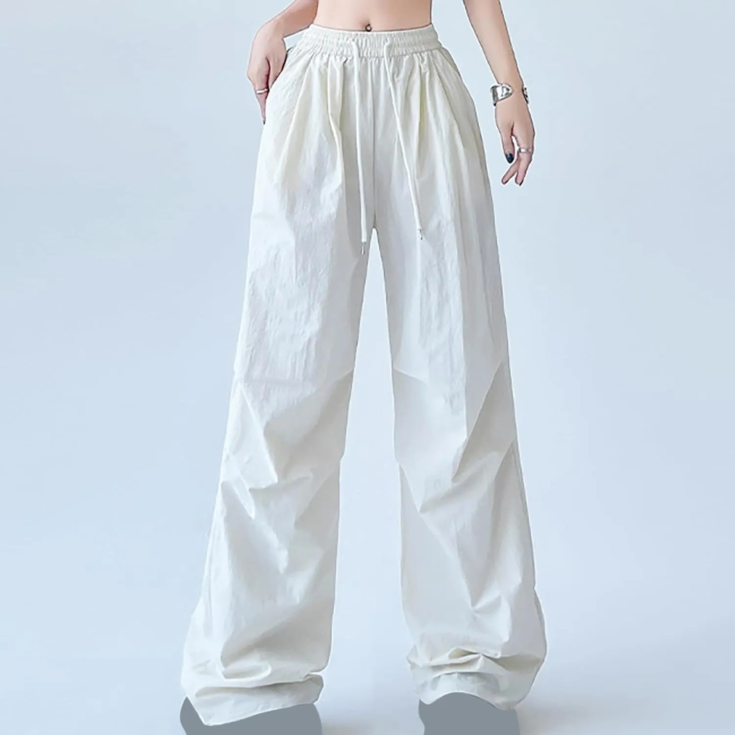 Womens Drawstring Elastic Waist Cargo Pant Solid Loose Straight Casual Wide-Leg Trouser Summer Fall Lightweight Pant
