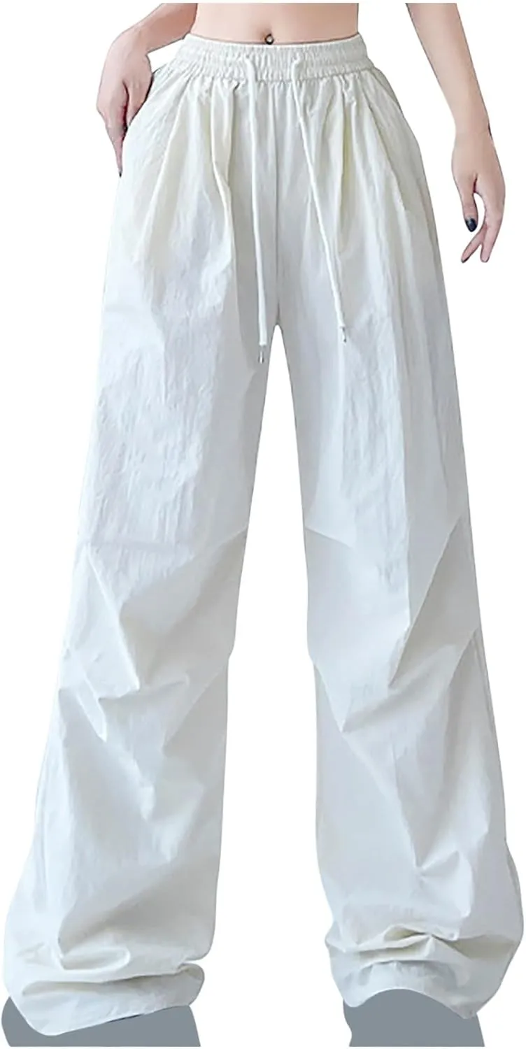 Womens Drawstring Elastic Waist Cargo Pant Solid Loose Straight Casual Wide-Leg Trouser Summer Fall Lightweight Pant