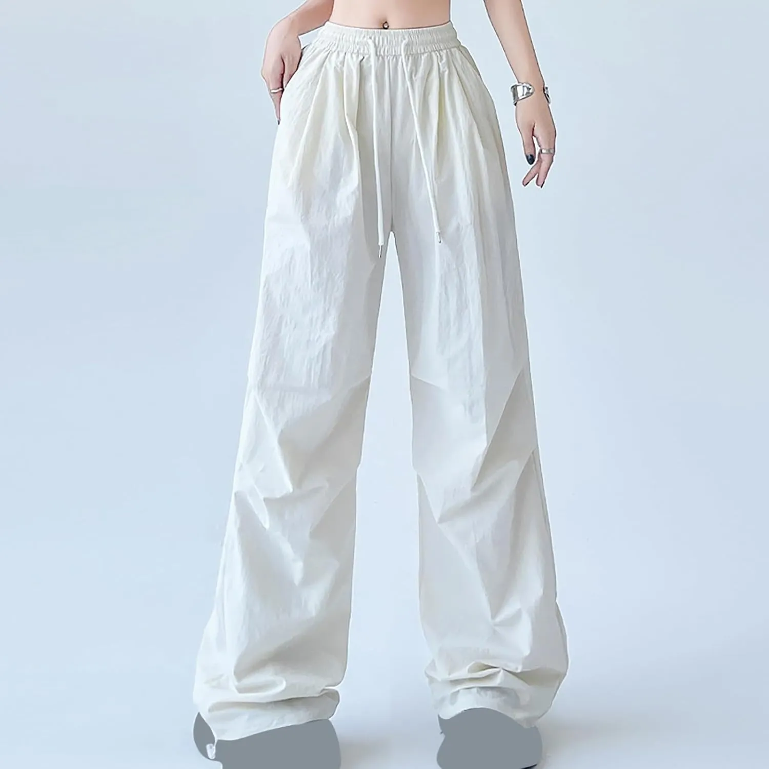Womens Drawstring Elastic Waist Cargo Pant Solid Loose Straight Casual Wide-Leg Trouser Summer Fall Lightweight Pant