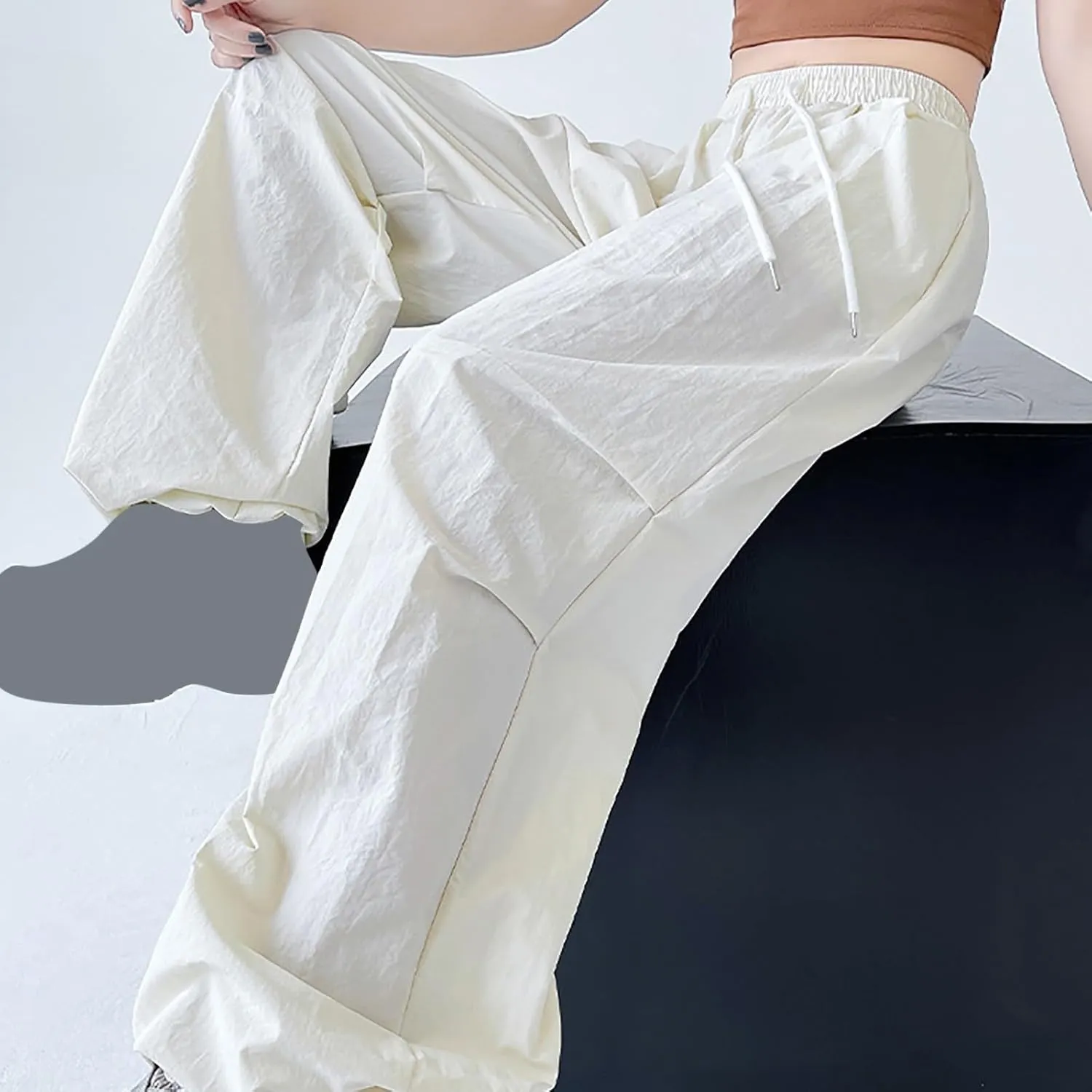 Womens Drawstring Elastic Waist Cargo Pant Solid Loose Straight Casual Wide-Leg Trouser Summer Fall Lightweight Pant
