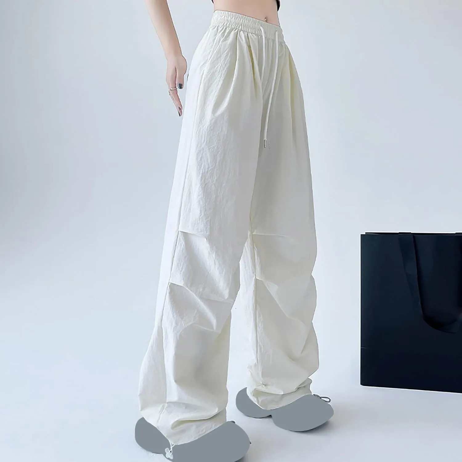 Womens Drawstring Elastic Waist Cargo Pant Solid Loose Straight Casual Wide-Leg Trouser Summer Fall Lightweight Pant