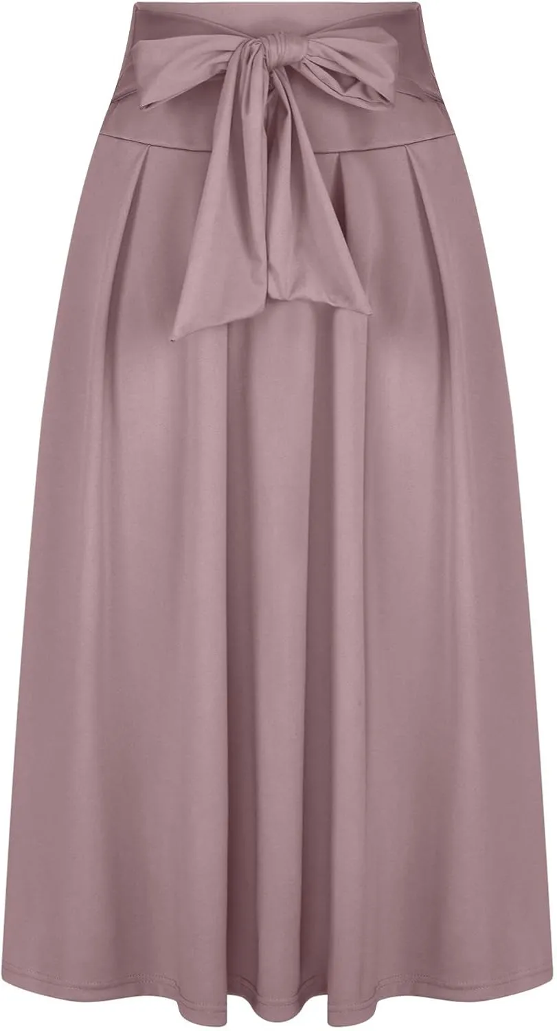 Women's Elegant High Waist Maxi Skirt Tie Front Pleated A-Line Skirts Loose Fit Flowy Dressy Skirt Summer Maxi Skirt