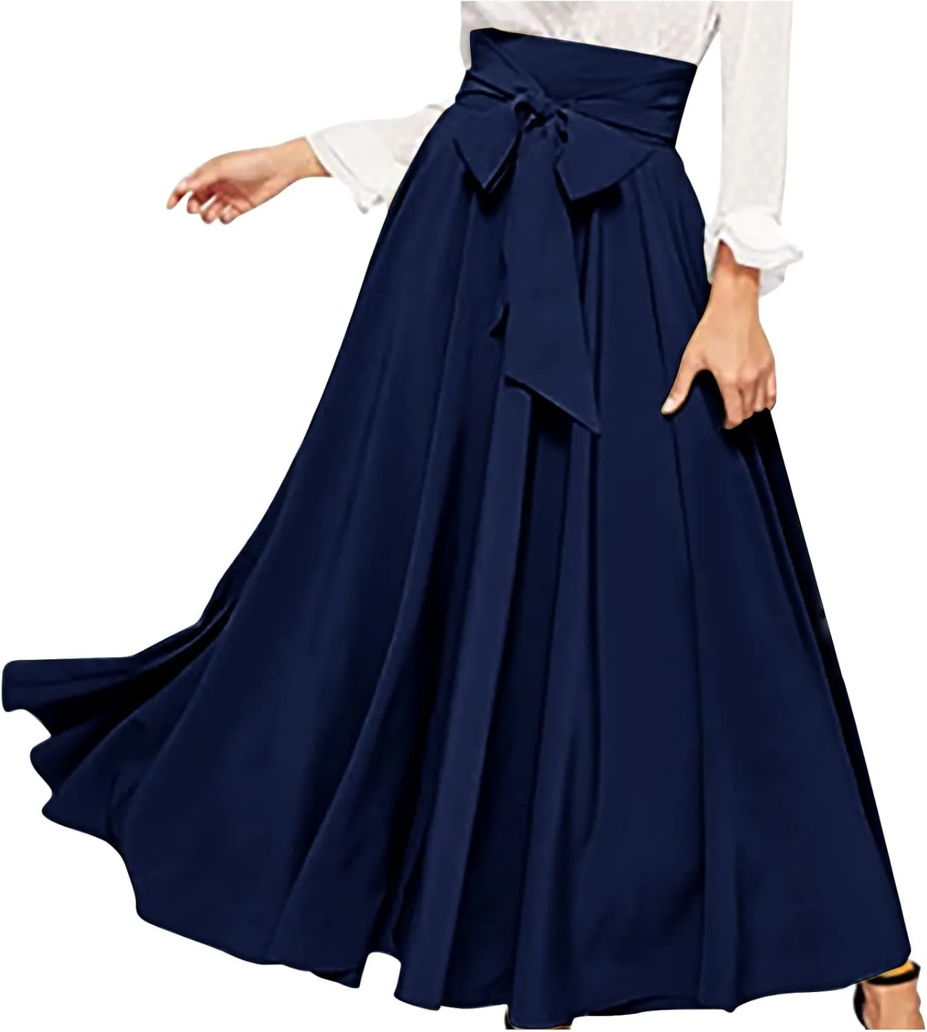 Women's Elegant High Waist Maxi Skirt Tie Front Pleated A-Line Skirts Loose Fit Flowy Dressy Skirt Summer Maxi Skirt