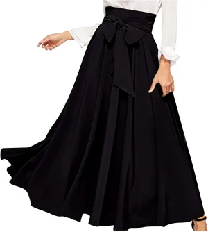 Women's Elegant High Waist Maxi Skirt Tie Front Pleated A-Line Skirts Loose Fit Flowy Dressy Skirt Summer Maxi Skirt