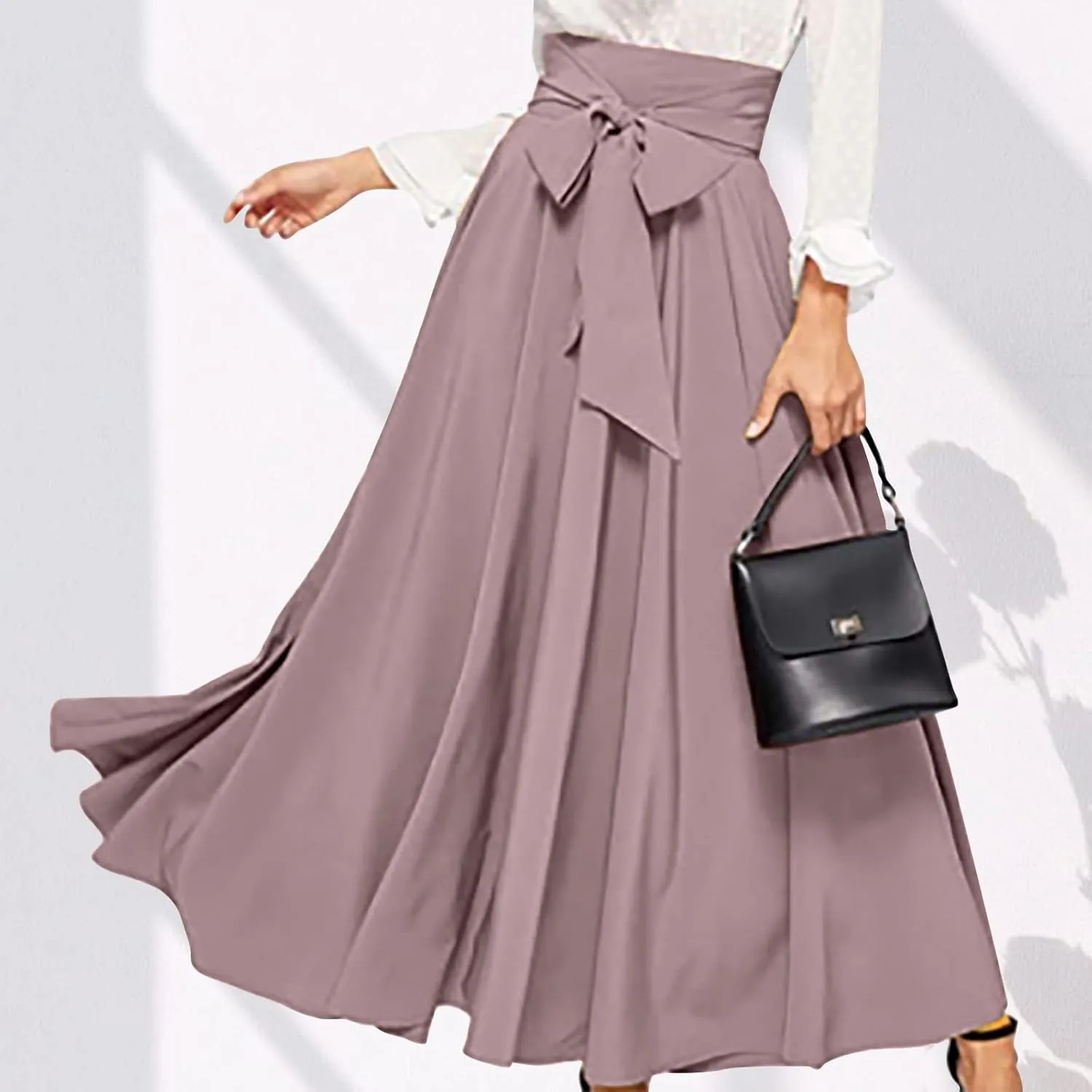 Women's Elegant High Waist Maxi Skirt Tie Front Pleated A-Line Skirts Loose Fit Flowy Dressy Skirt Summer Maxi Skirt