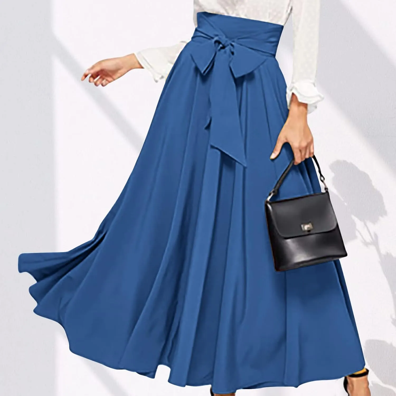 Women's Elegant High Waist Maxi Skirt Tie Front Pleated A-Line Skirts Loose Fit Flowy Dressy Skirt Summer Maxi Skirt