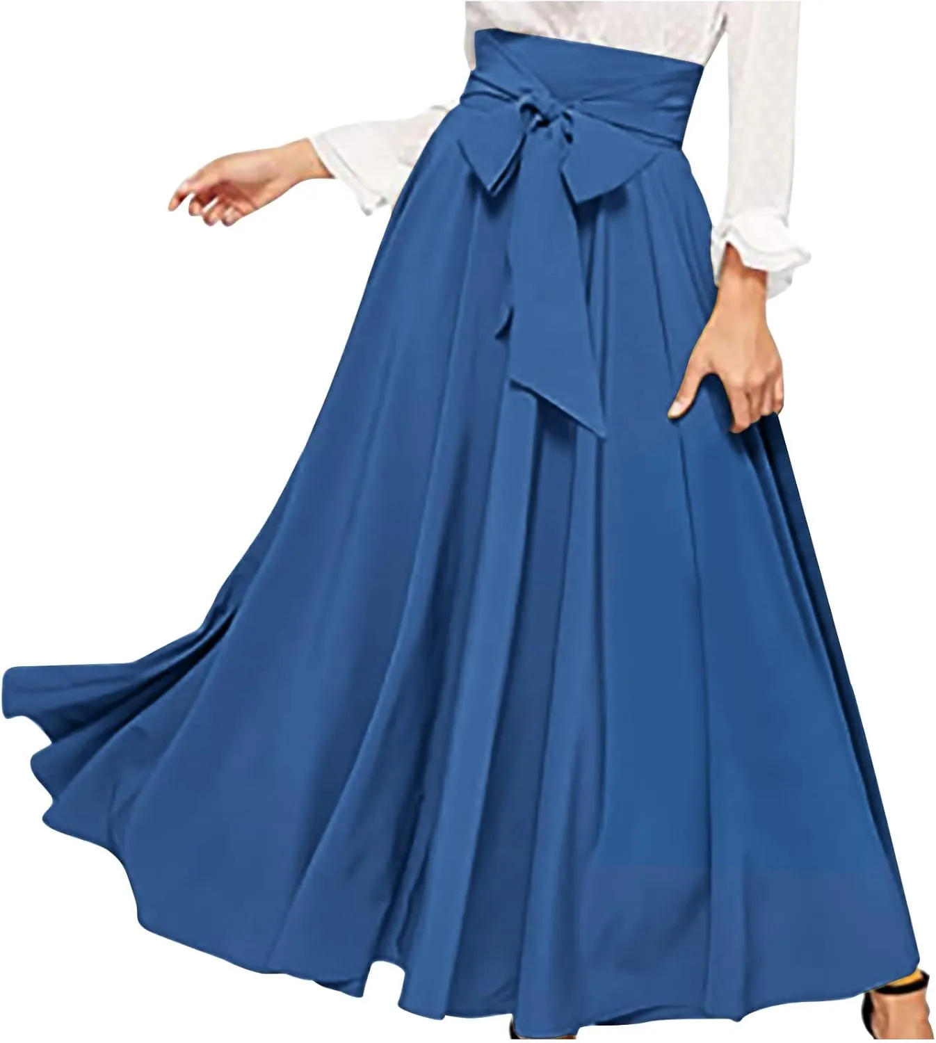Women's Elegant High Waist Maxi Skirt Tie Front Pleated A-Line Skirts Loose Fit Flowy Dressy Skirt Summer Maxi Skirt