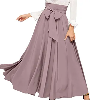 Women's Elegant High Waist Maxi Skirt Tie Front Pleated A-Line Skirts Loose Fit Flowy Dressy Skirt Summer Maxi Skirt