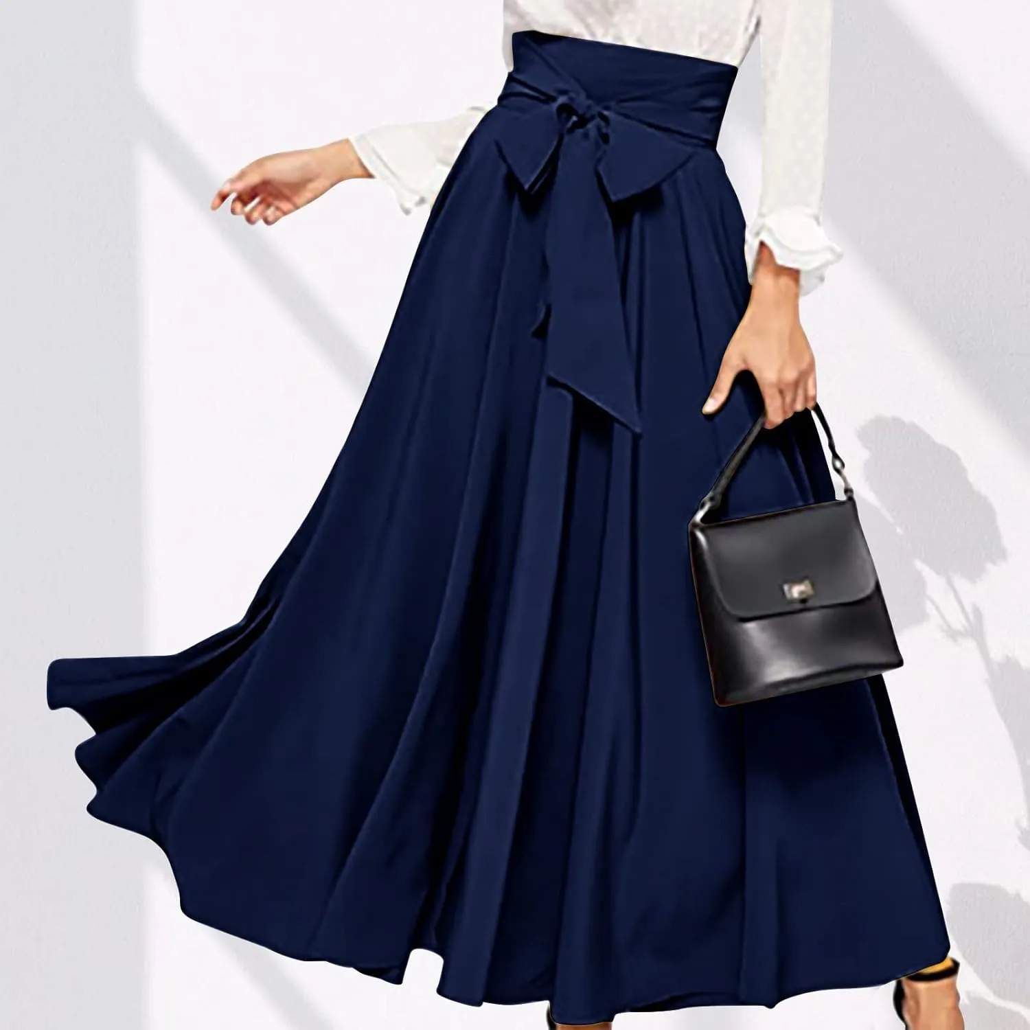 Women's Elegant High Waist Maxi Skirt Tie Front Pleated A-Line Skirts Loose Fit Flowy Dressy Skirt Summer Maxi Skirt
