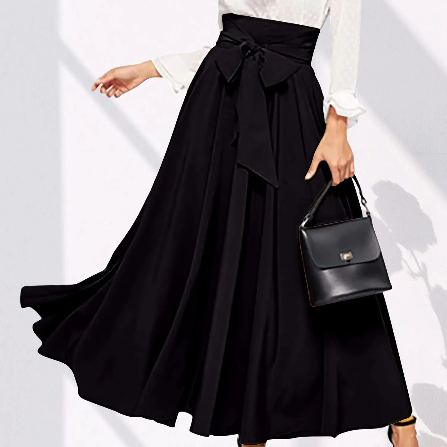 Women's Elegant High Waist Maxi Skirt Tie Front Pleated A-Line Skirts Loose Fit Flowy Dressy Skirt Summer Maxi Skirt