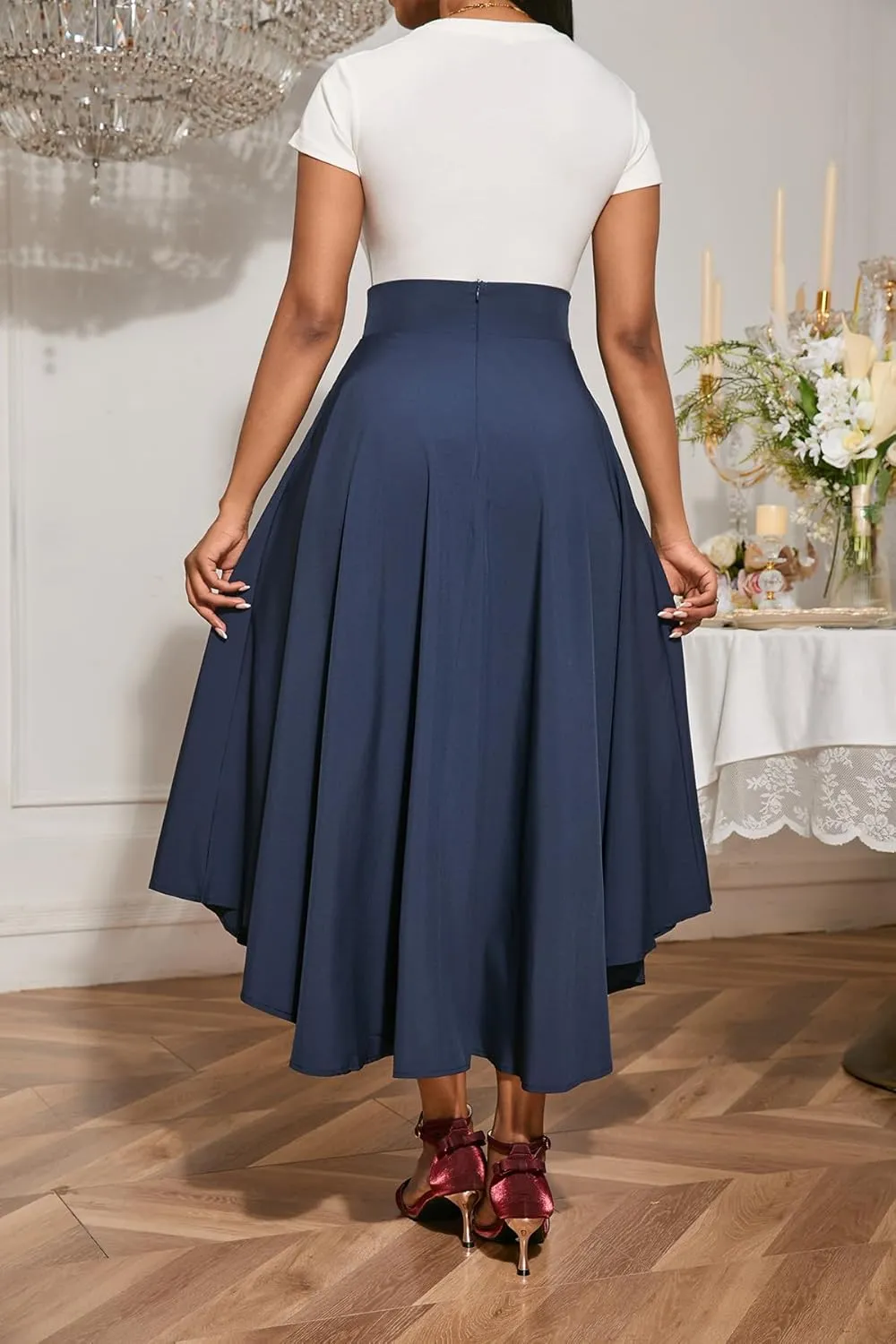 Women's Elegant High Waisted Side Slit Bohemian Maxi Skirt with Pockets