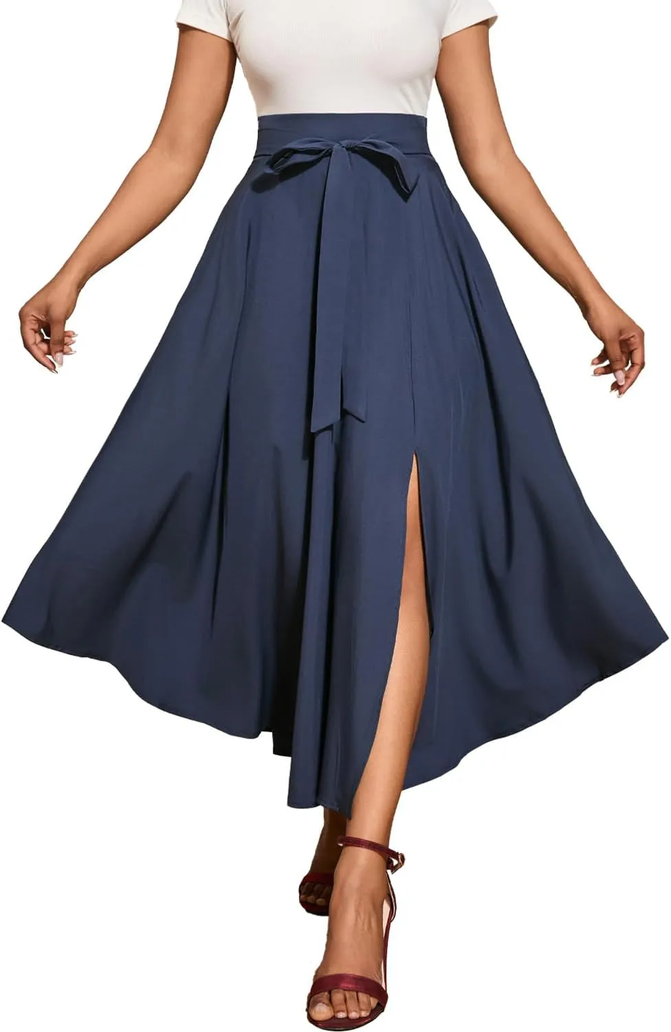 Women's Elegant High Waisted Side Slit Bohemian Maxi Skirt with Pockets