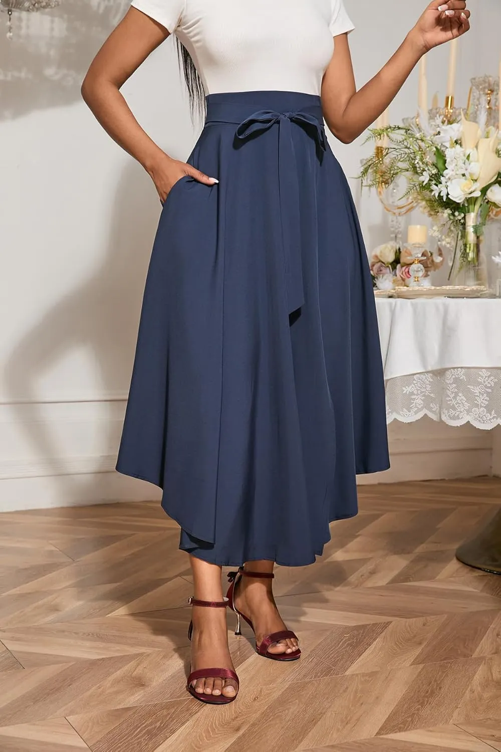 Women's Elegant High Waisted Side Slit Bohemian Maxi Skirt with Pockets