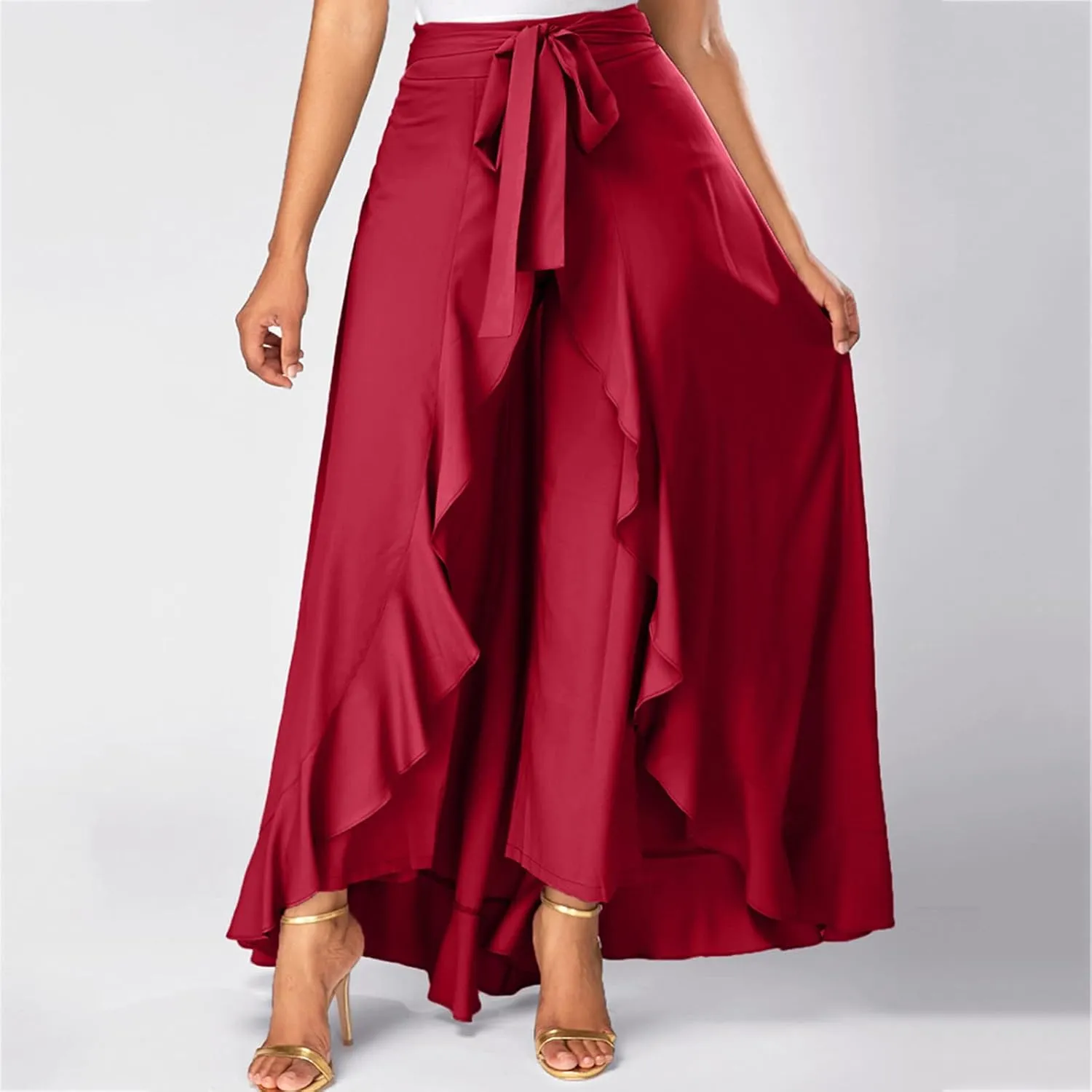 Women's Elegant High Waisted Side Slit Irregular Maxi Skirts Plus Size Stretchy Pleated Summer Prom Party Skirt