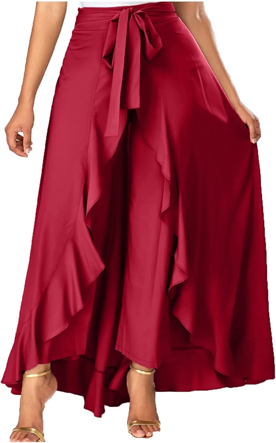 Women's Elegant High Waisted Side Slit Irregular Maxi Skirts Plus Size Stretchy Pleated Summer Prom Party Skirt