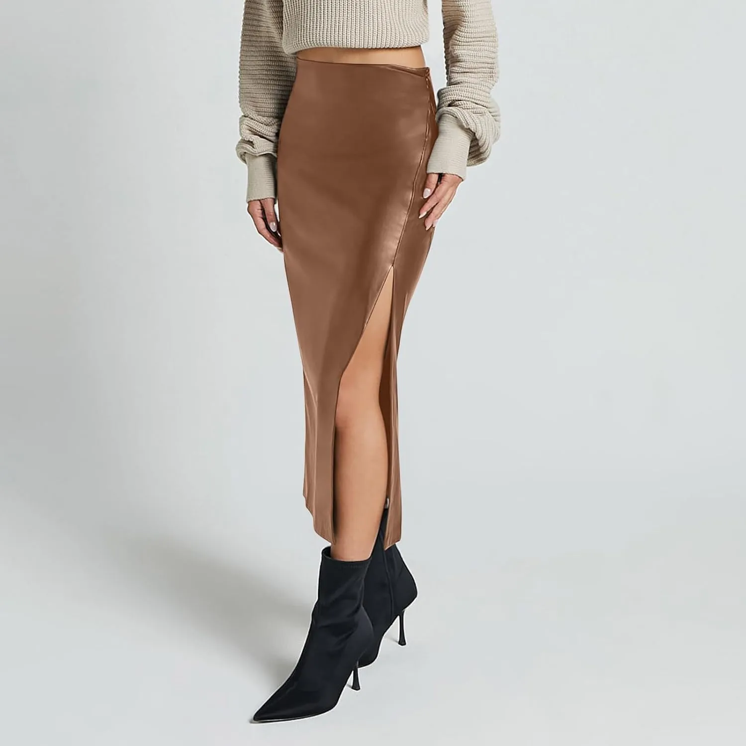 Women's Faux Leather Maxi Skirt Classic Trendy Dressy High Waisted Side Slit PU Leather Skirt Party Clubwear