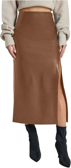 Women's Faux Leather Maxi Skirt Classic Trendy Dressy High Waisted Side Slit PU Leather Skirt Party Clubwear