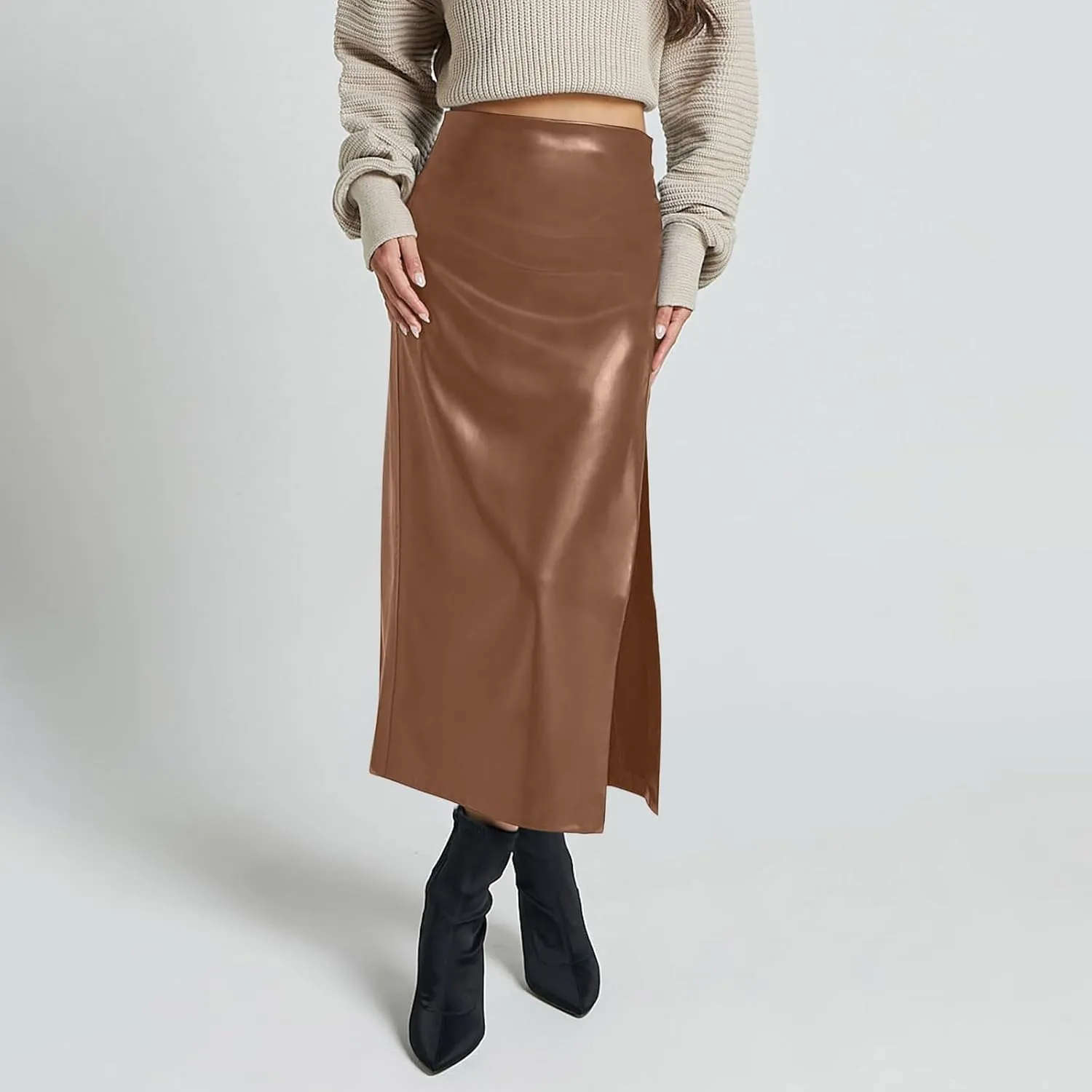 Women's Faux Leather Maxi Skirt Classic Trendy Dressy High Waisted Side Slit PU Leather Skirt Party Clubwear