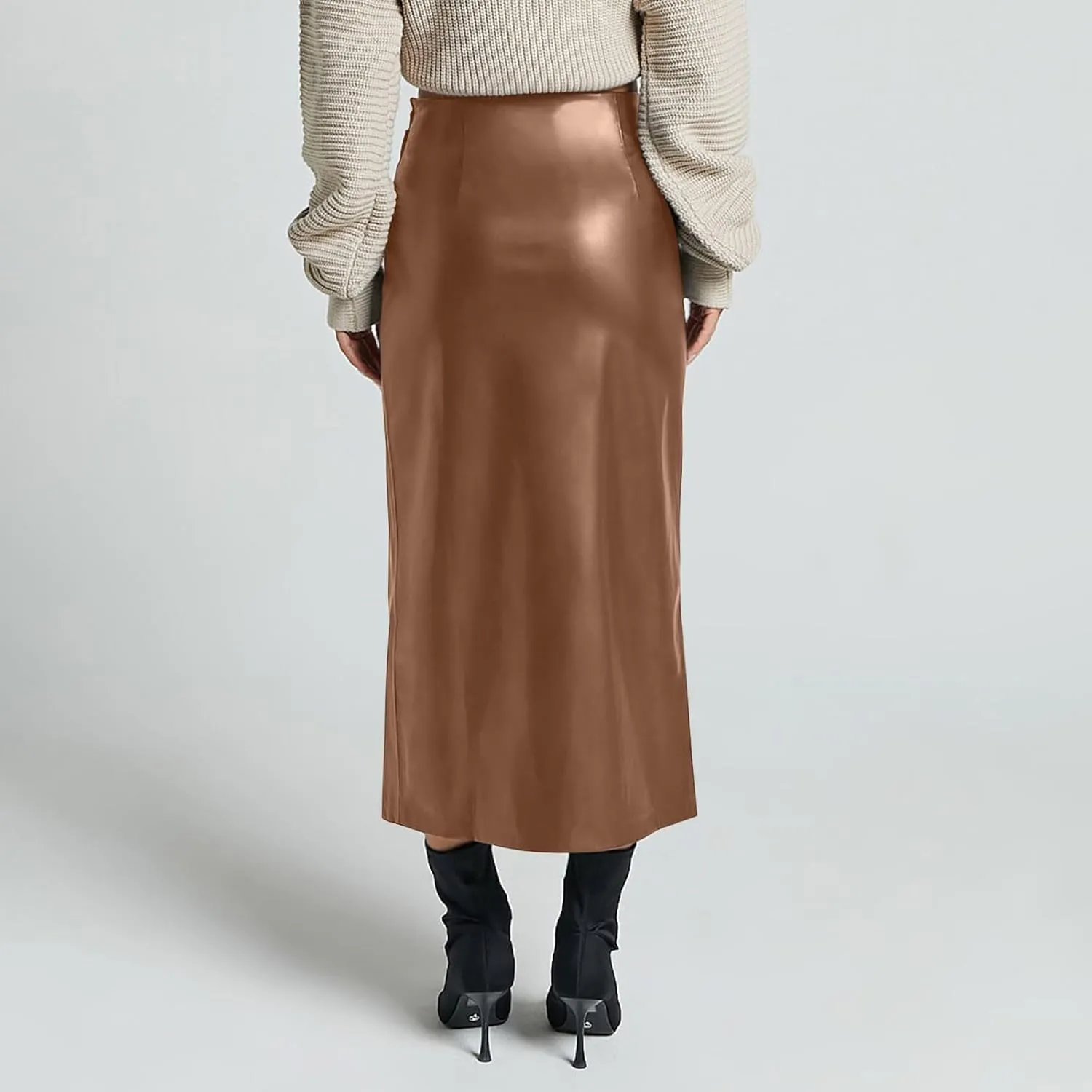 Women's Faux Leather Maxi Skirt Classic Trendy Dressy High Waisted Side Slit PU Leather Skirt Party Clubwear