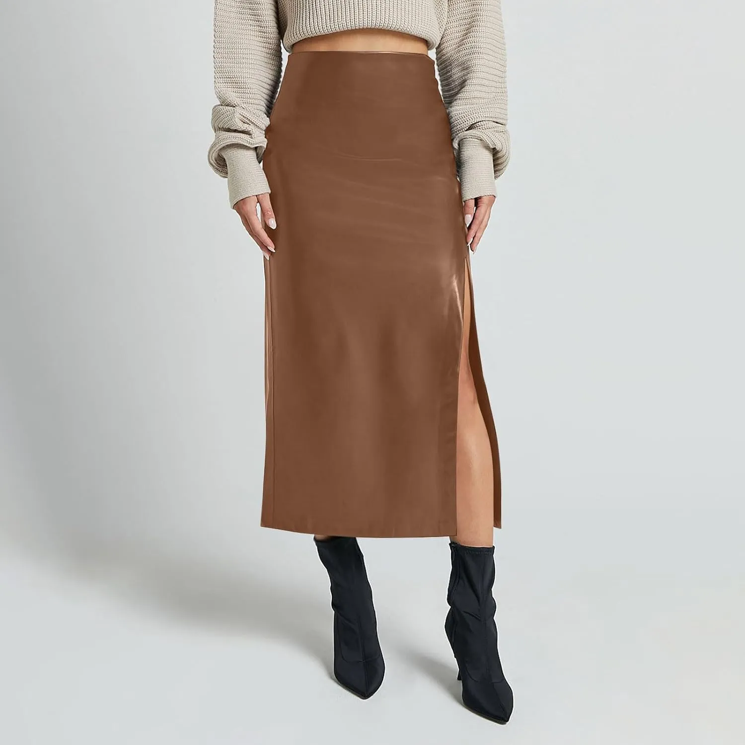 Women's Faux Leather Maxi Skirt Classic Trendy Dressy High Waisted Side Slit PU Leather Skirt Party Clubwear