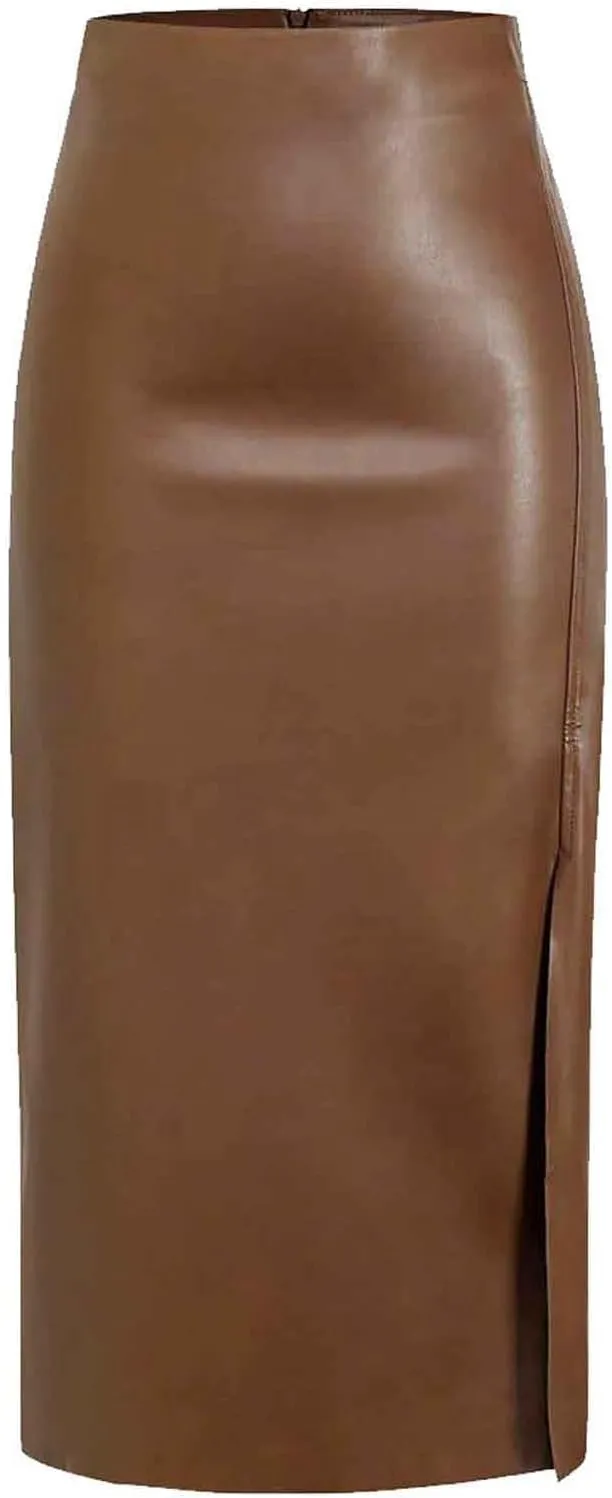 Women's Faux Leather Maxi Skirt Classic Trendy Dressy High Waisted Side Slit PU Leather Skirt Party Clubwear