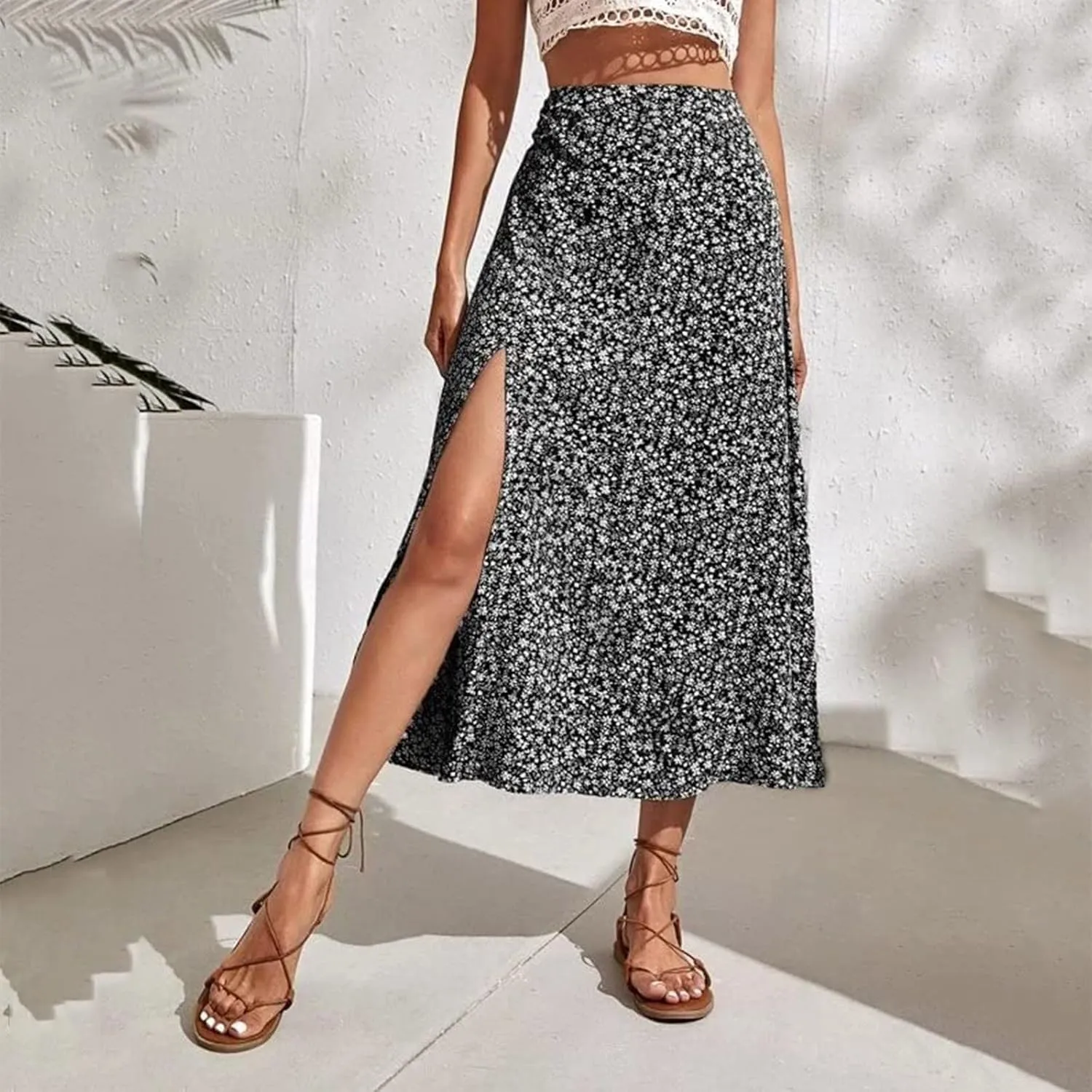Womens Floral Maxi Skirt Boho Side Slit Flowy Summer Long Skirts Comfy High Waist Beach Print A-Line Skirts 2025