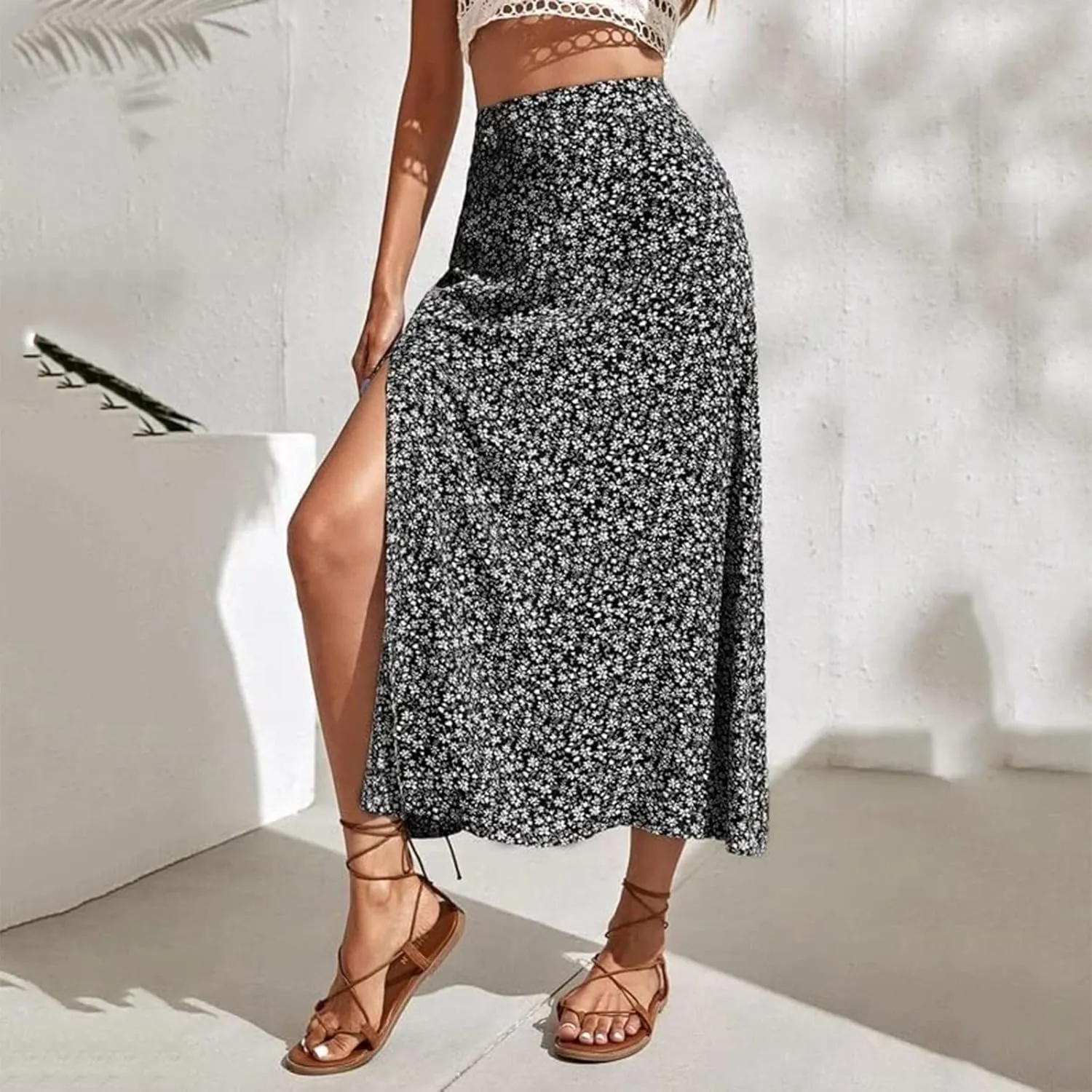 Womens Floral Maxi Skirt Boho Side Slit Flowy Summer Long Skirts Comfy High Waist Beach Print A-Line Skirts 2025