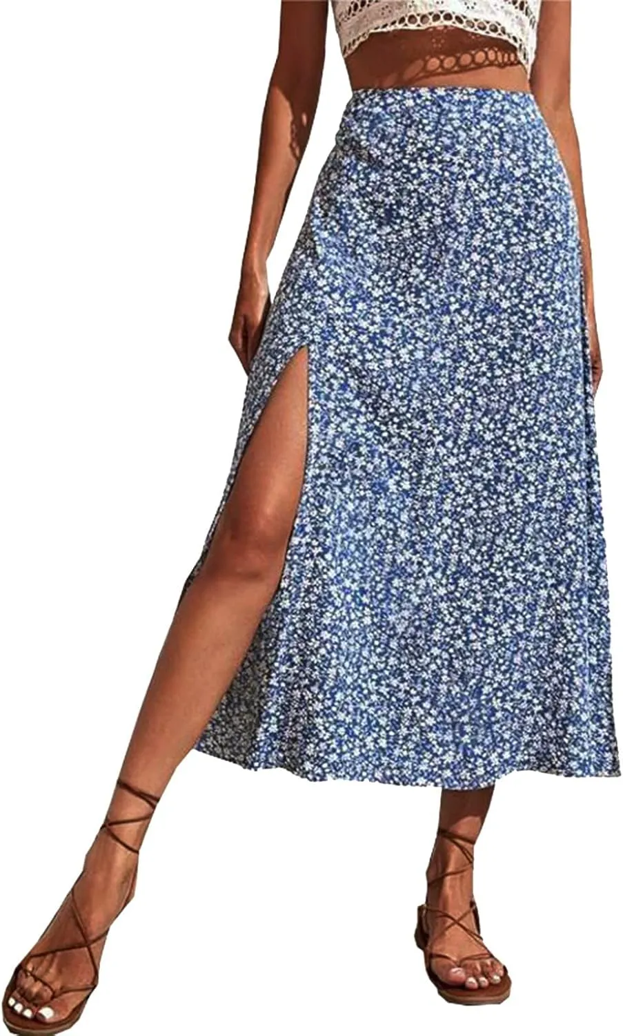Womens Floral Maxi Skirt Boho Side Slit Flowy Summer Long Skirts Comfy High Waist Beach Print A-Line Skirts 2025