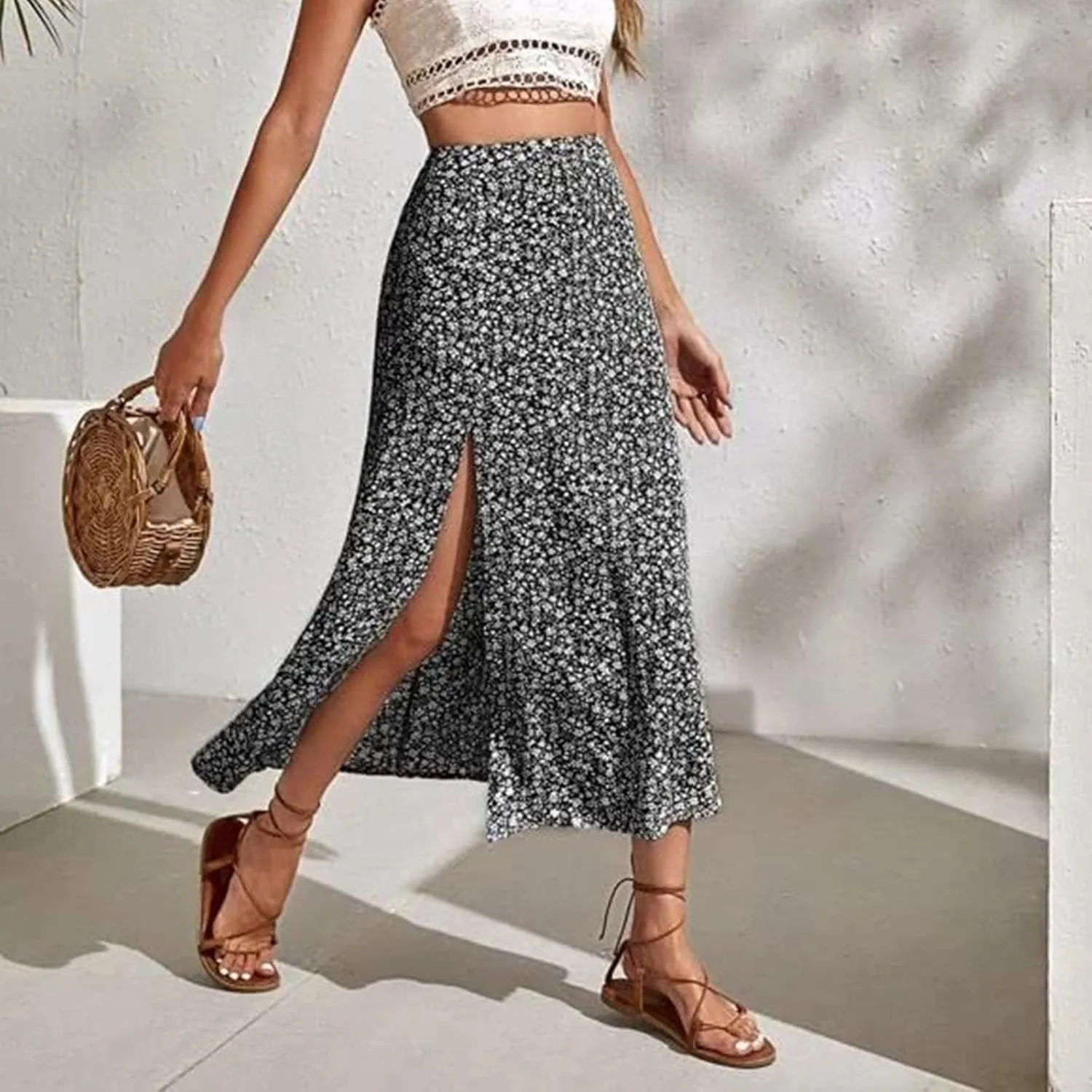Womens Floral Maxi Skirt Boho Side Slit Flowy Summer Long Skirts Comfy High Waist Beach Print A-Line Skirts 2025