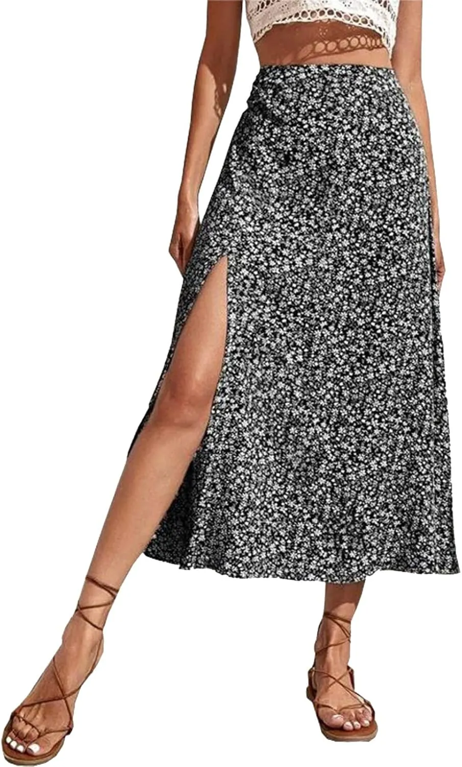 Womens Floral Maxi Skirt Boho Side Slit Flowy Summer Long Skirts Comfy High Waist Beach Print A-Line Skirts 2025
