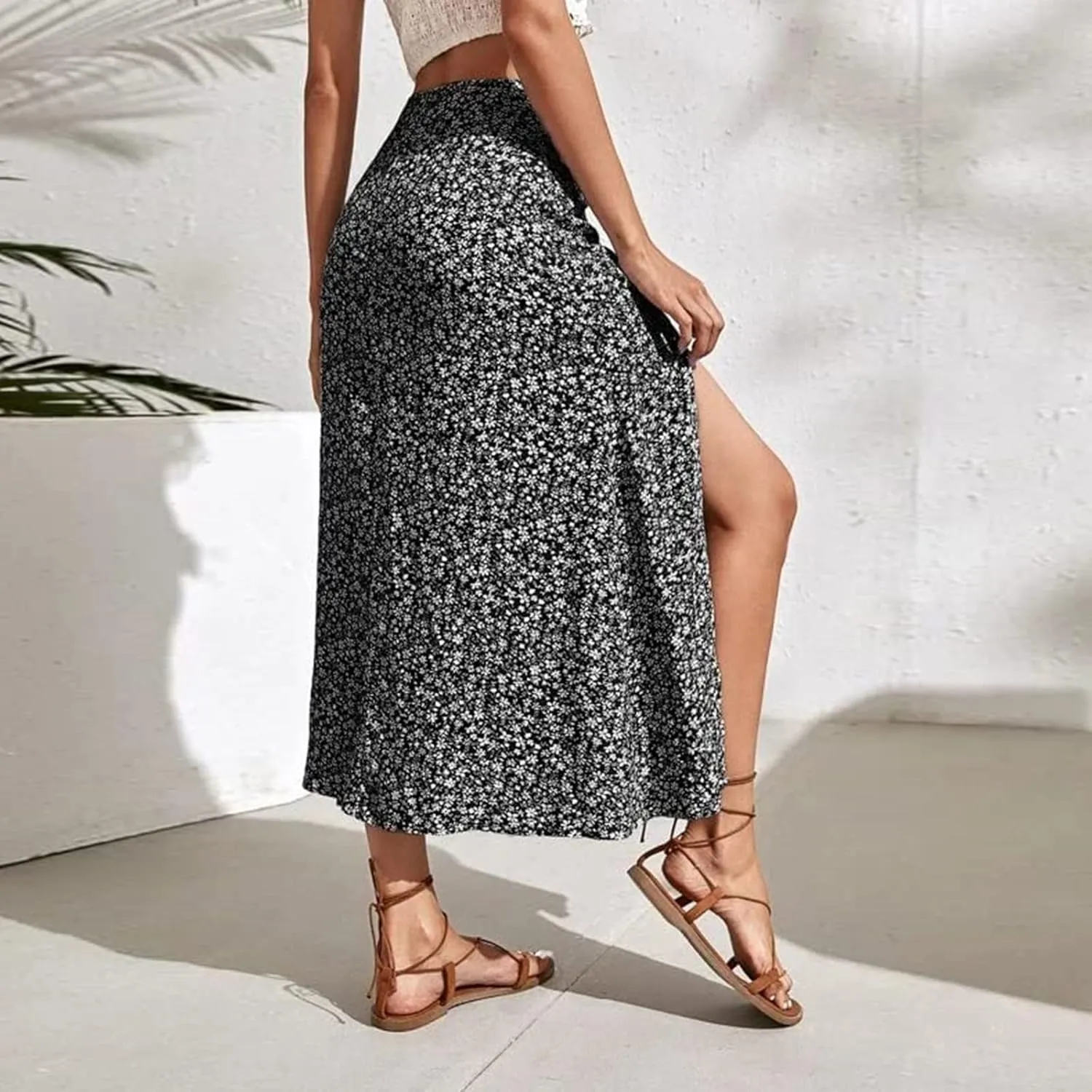 Womens Floral Maxi Skirt Boho Side Slit Flowy Summer Long Skirts Comfy High Waist Beach Print A-Line Skirts 2025
