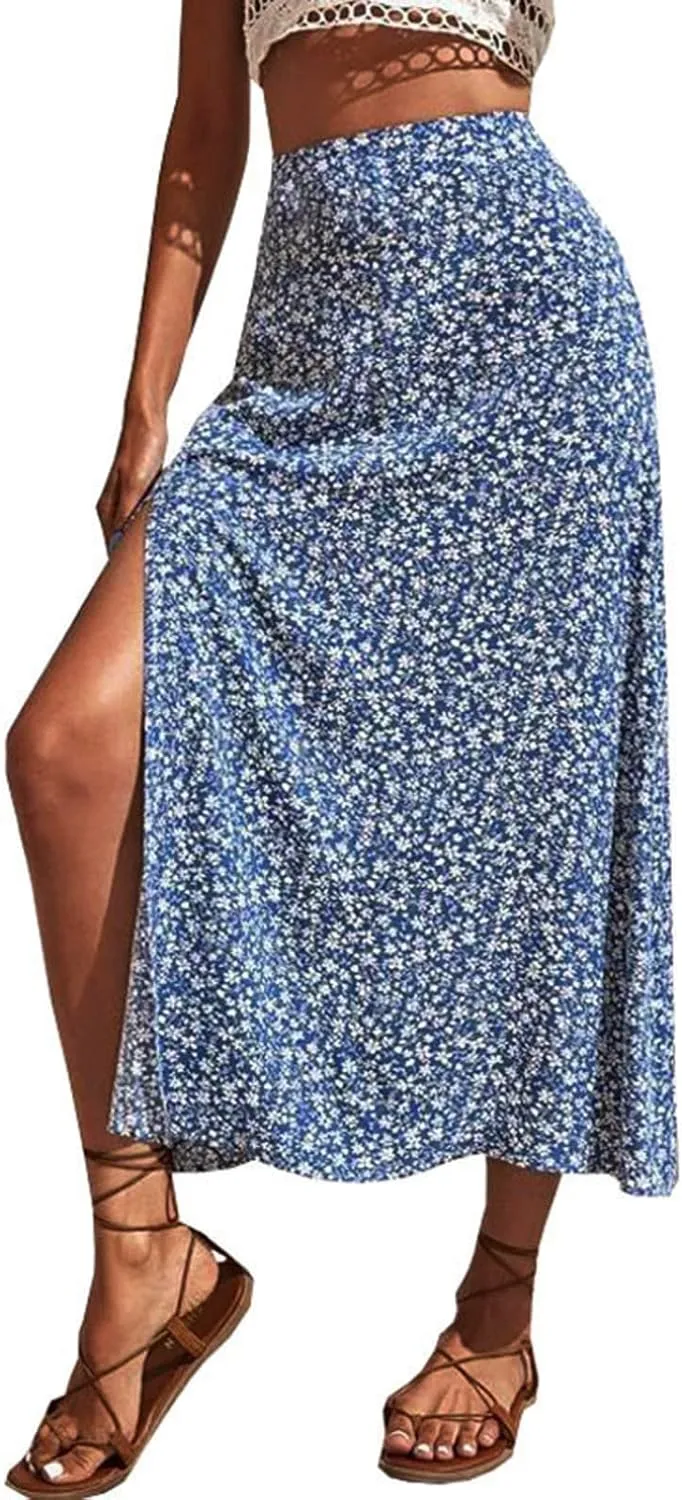 Womens Floral Maxi Skirt Boho Side Slit Flowy Summer Long Skirts Comfy High Waist Beach Print A-Line Skirts 2025