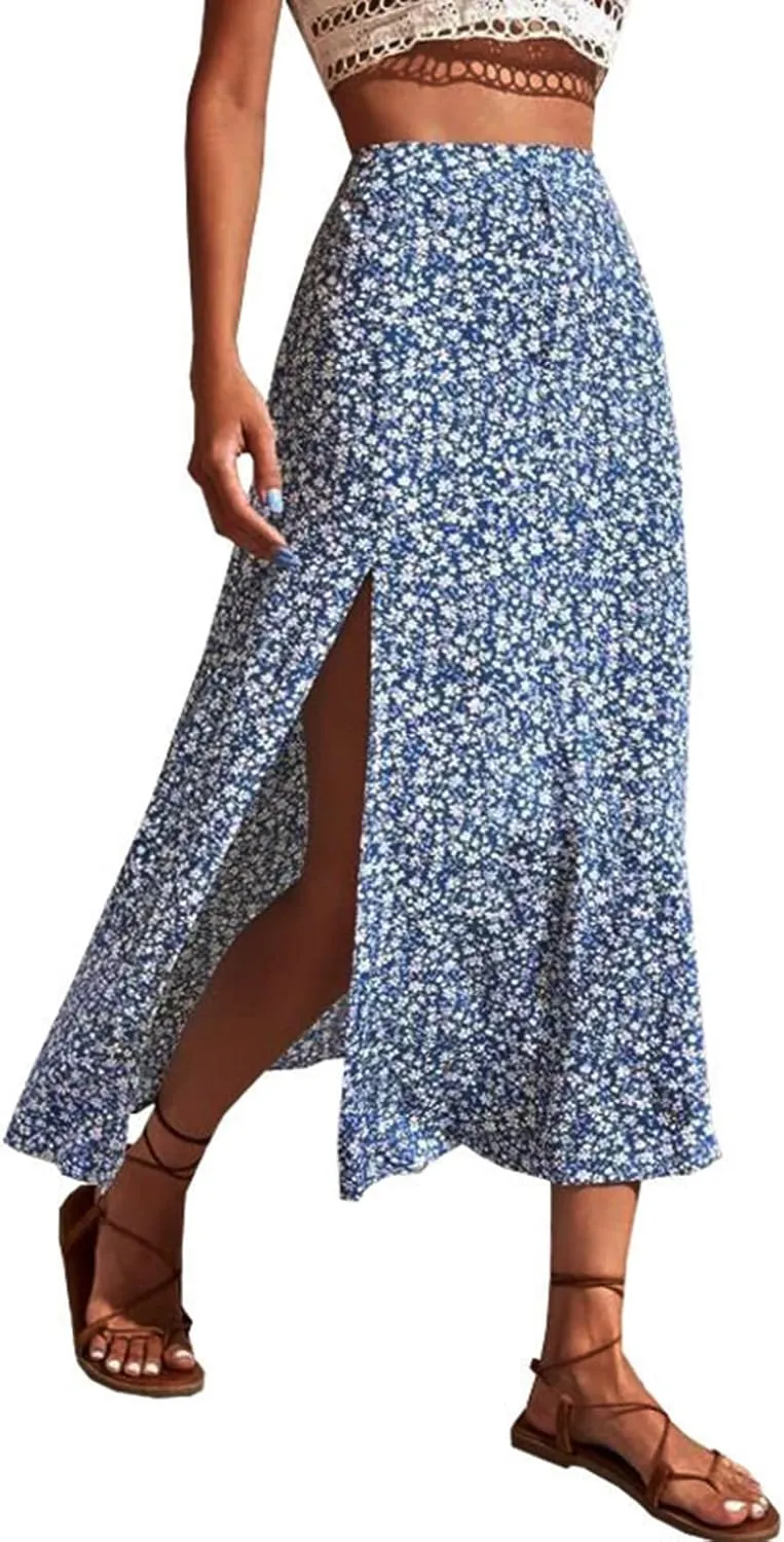 Womens Floral Maxi Skirt Boho Side Slit Flowy Summer Long Skirts Comfy High Waist Beach Print A-Line Skirts 2025