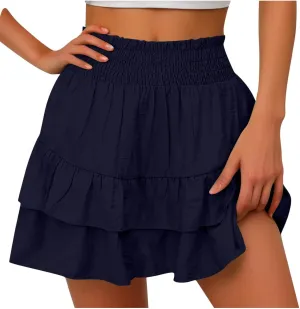 Womens High Waist Ruffle Mini Skirt Cute Tiered Short Skirt Causal Pleated Flowy Skirts Beach Vacation Flowy Skirt