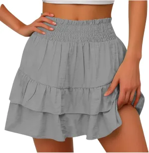Womens High Waist Ruffle Mini Skirt Cute Tiered Short Skirt Causal Pleated Flowy Skirts Beach Vacation Flowy Skirt