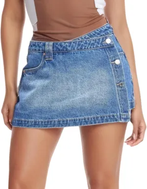 Women's High Waisted Denim Mini Skirt Button Front with Side Slit Trendy Asymmetrical Hem Jean Skirt