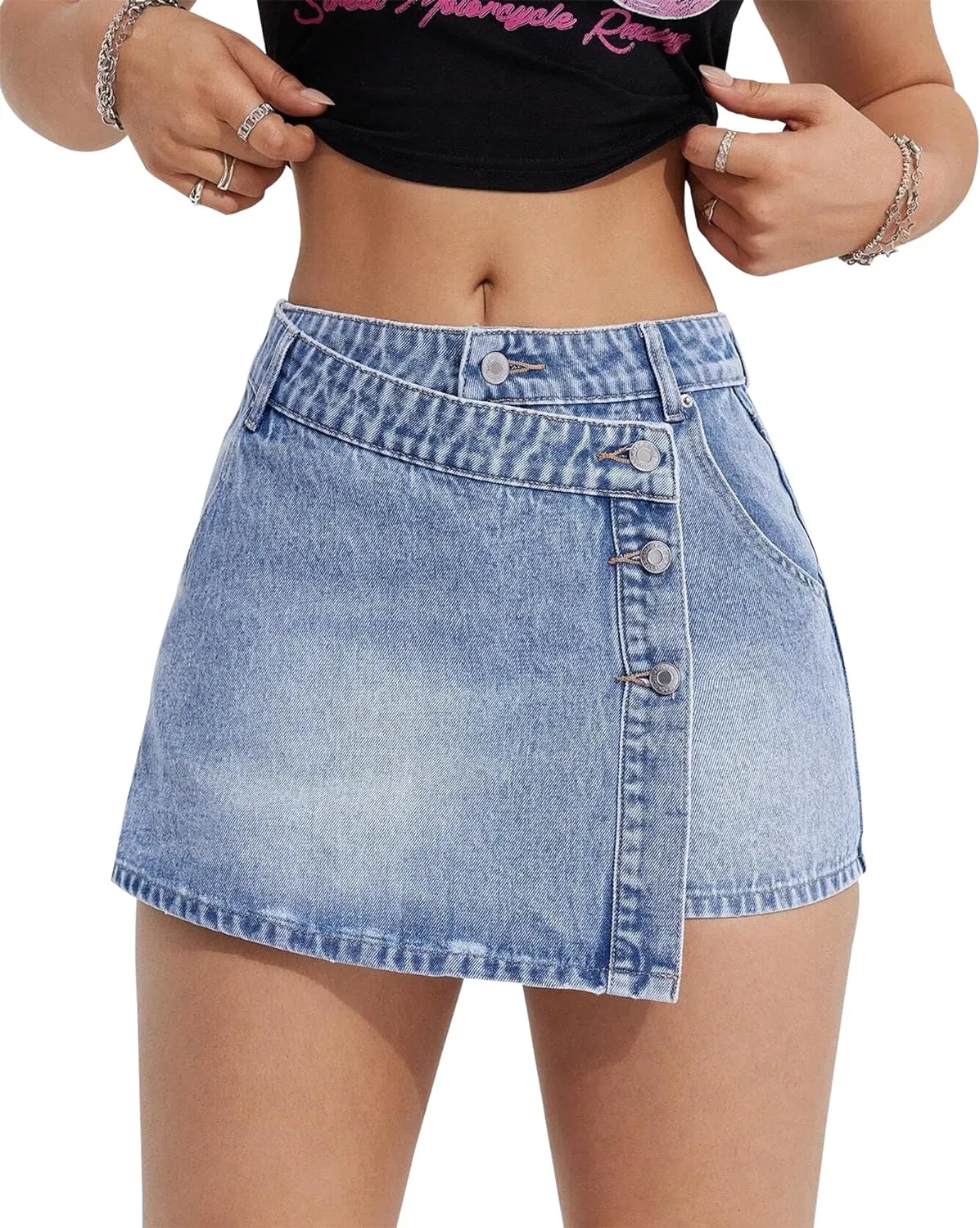 Women's High Waisted Denim Mini Skirt Button Front with Side Slit Trendy Asymmetrical Hem Jean Skirt
