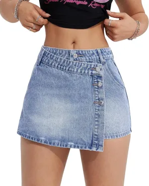 Women's High Waisted Denim Mini Skirt Button Front with Side Slit Trendy Asymmetrical Hem Jean Skirt