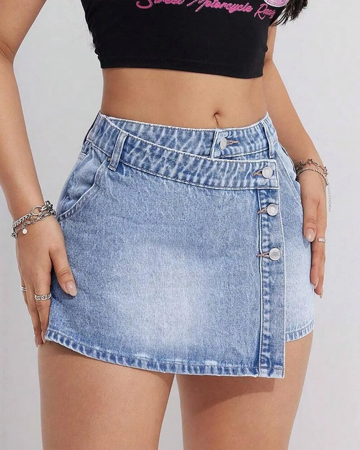 Women's High Waisted Denim Mini Skirt Button Front with Side Slit Trendy Asymmetrical Hem Jean Skirt