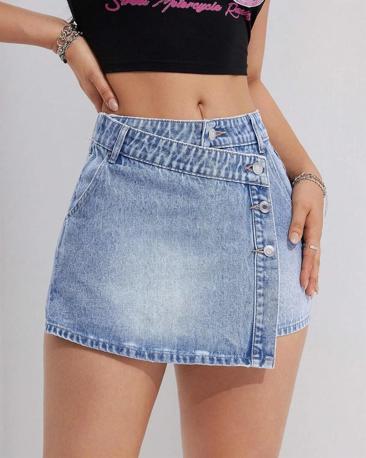 Women's High Waisted Denim Mini Skirt Button Front with Side Slit Trendy Asymmetrical Hem Jean Skirt
