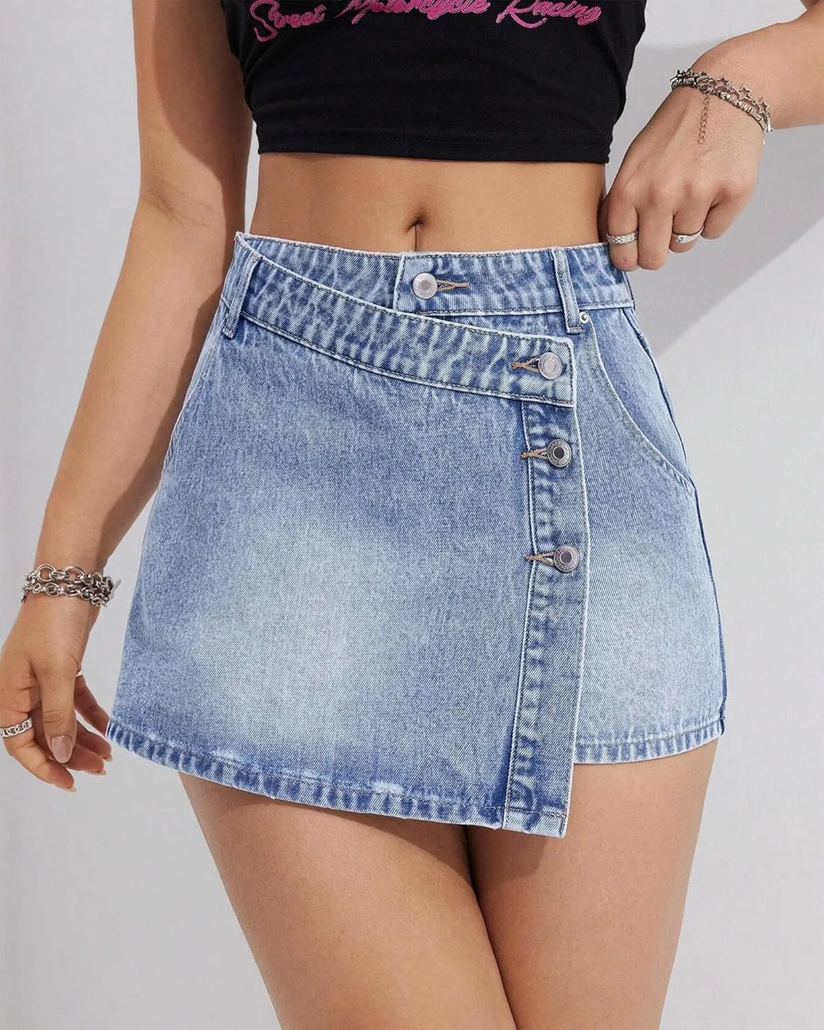 Women's High Waisted Denim Mini Skirt Button Front with Side Slit Trendy Asymmetrical Hem Jean Skirt