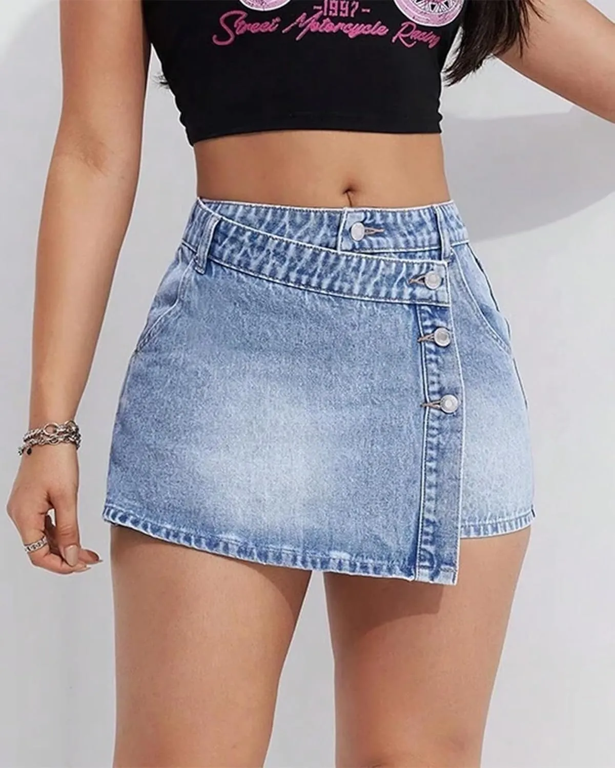 Women's High Waisted Denim Mini Skirt Button Front with Side Slit Trendy Asymmetrical Hem Jean Skirt