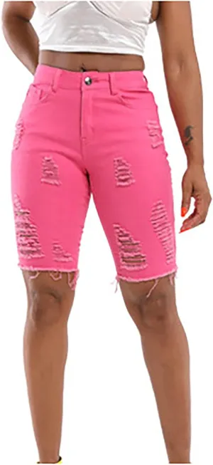 Womens Jean Shorts Stretch Ripped Raw Hem Denim Shorts Zipper Button High Waisted Dressy Frayed Bermuda Jean Shorts
