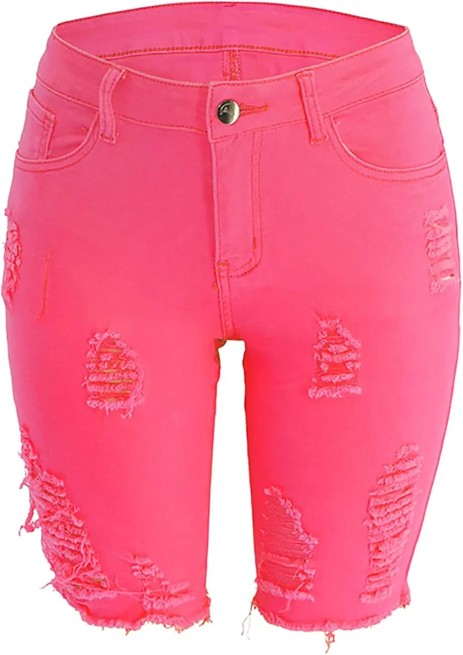 Womens Jean Shorts Stretch Ripped Raw Hem Denim Shorts Zipper Button High Waisted Dressy Frayed Bermuda Jean Shorts