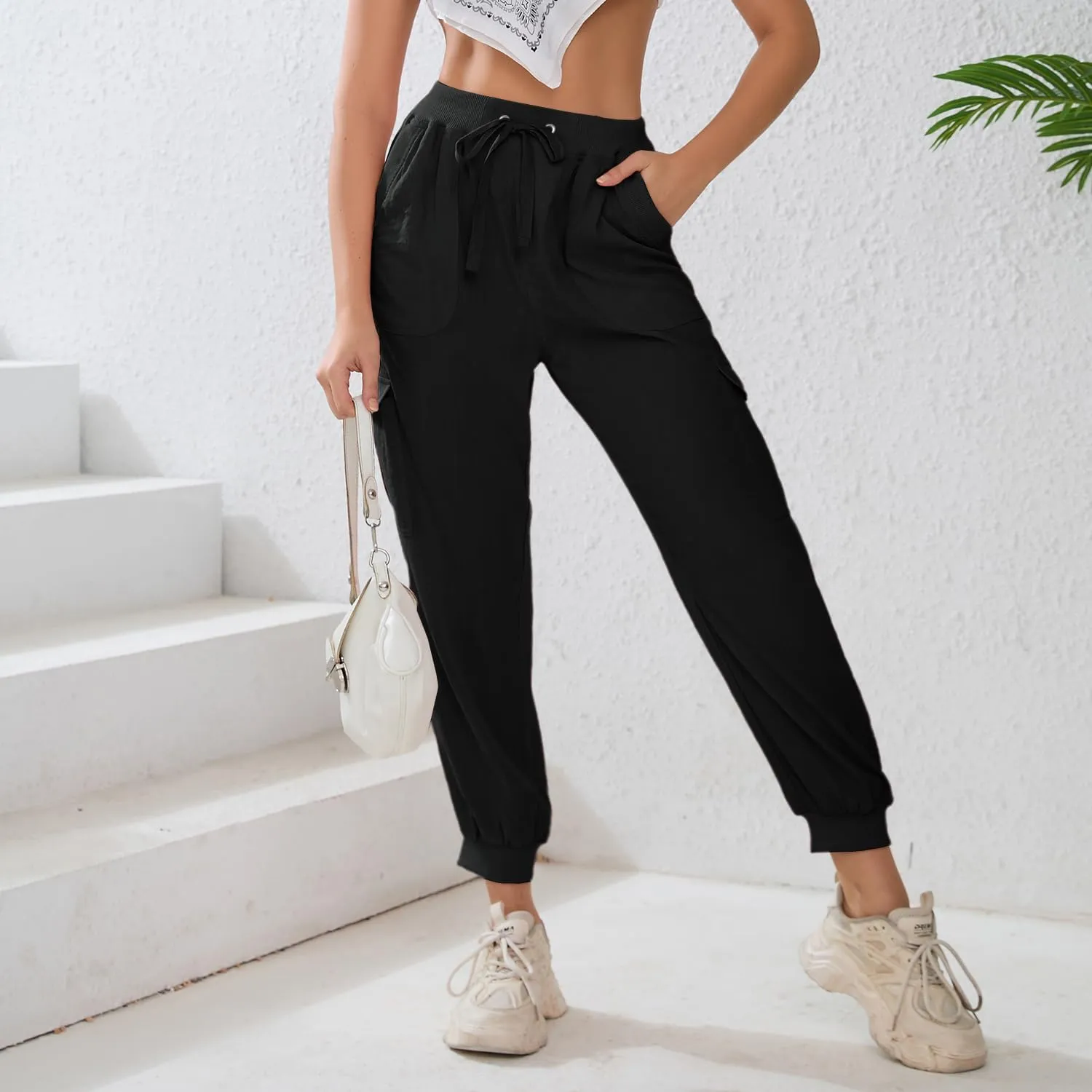 Women's Lightweight Hiking Cargo Pants Button Pockets Quick Dry Elastic Waist Casual Travel Sweatpants Joggers