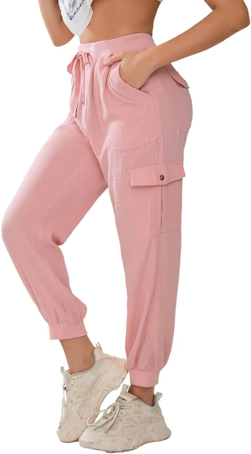 Women's Lightweight Hiking Cargo Pants Button Pockets Quick Dry Elastic Waist Casual Travel Sweatpants Joggers