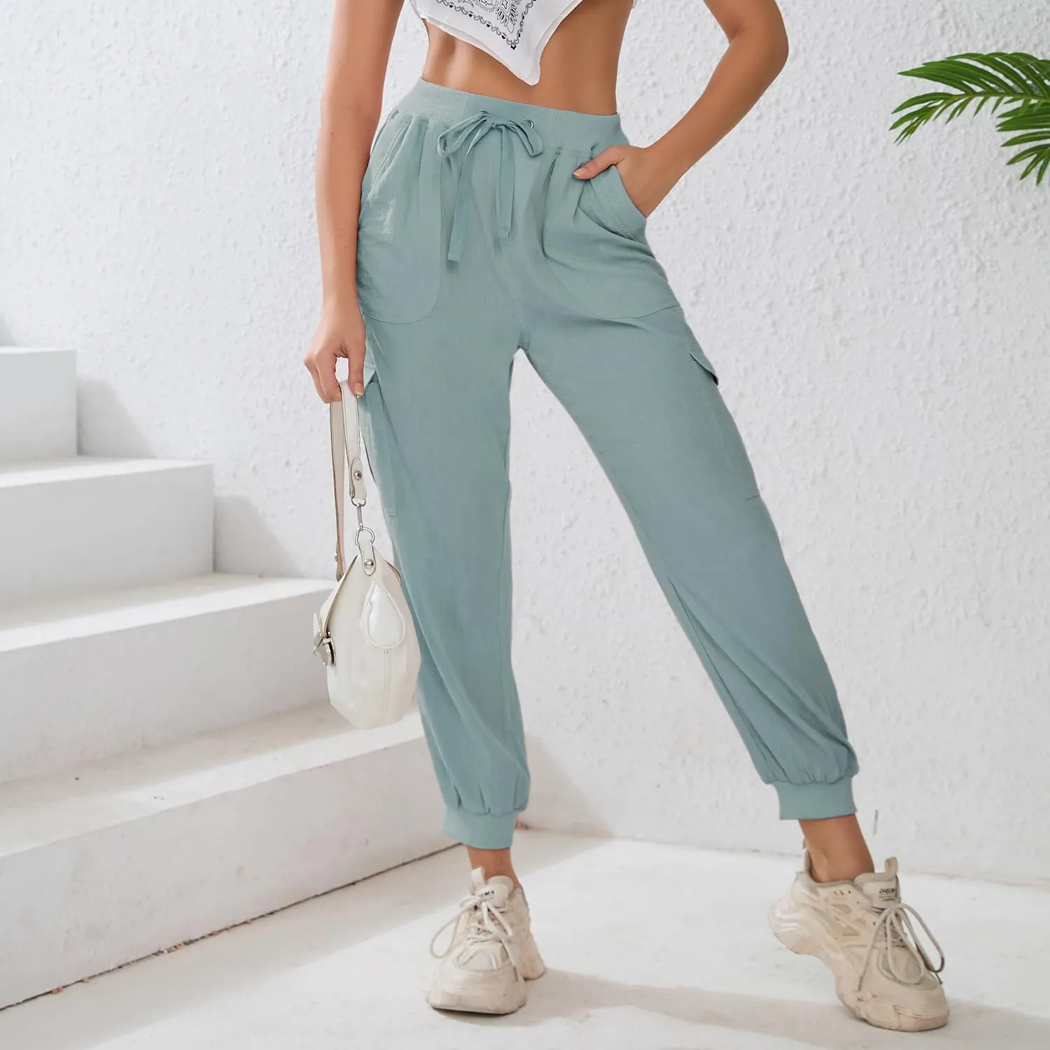 Women's Lightweight Hiking Cargo Pants Button Pockets Quick Dry Elastic Waist Casual Travel Sweatpants Joggers