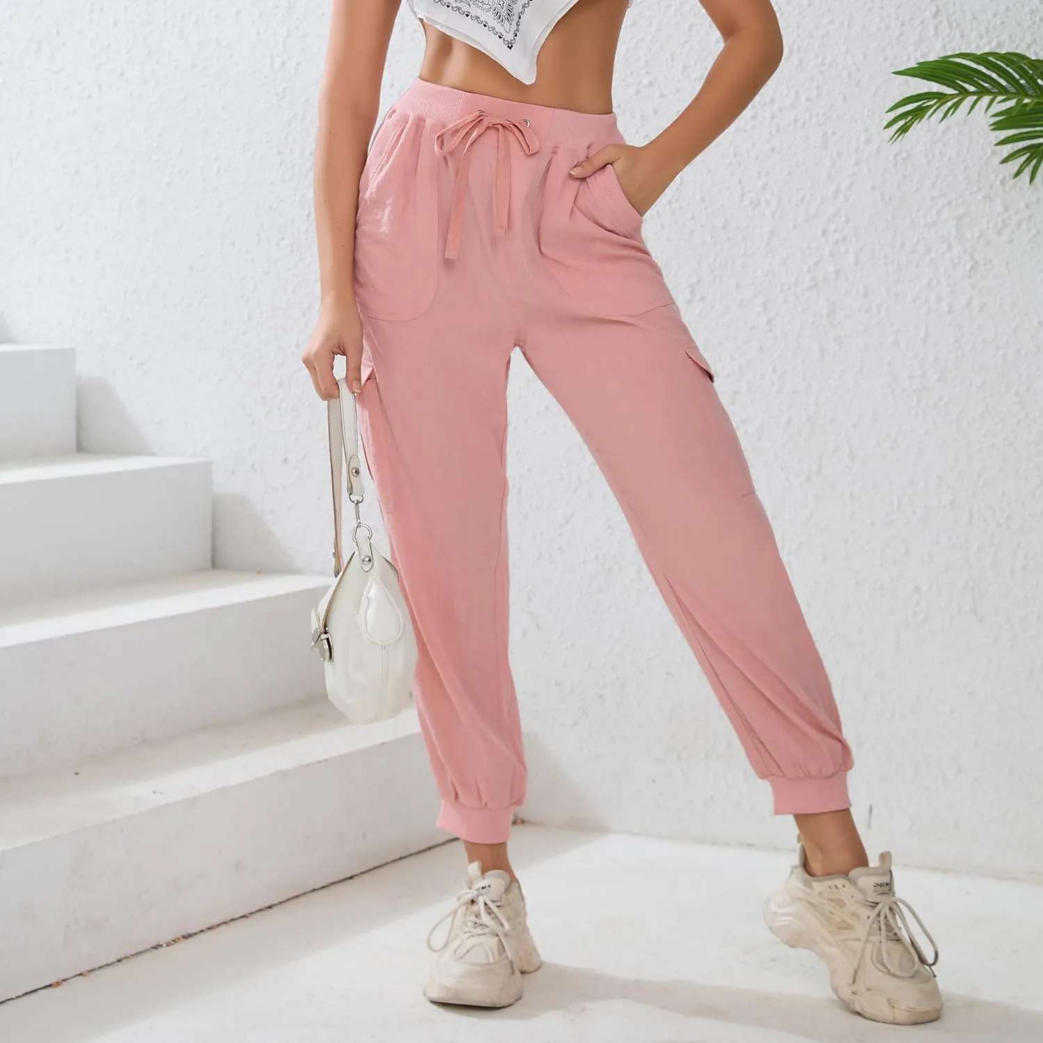 Women's Lightweight Hiking Cargo Pants Button Pockets Quick Dry Elastic Waist Casual Travel Sweatpants Joggers